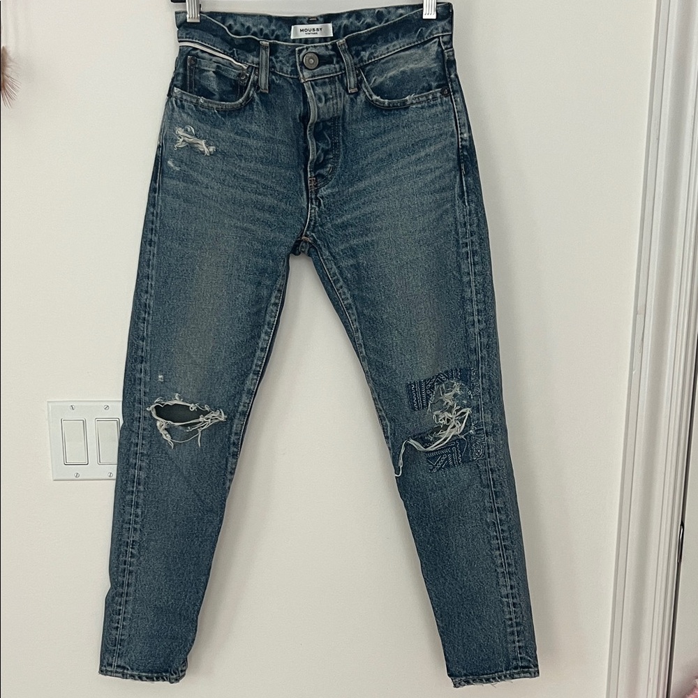 Moussy Monroe Vintage Patch Distressed Blue Button Fly Jeans Size 25